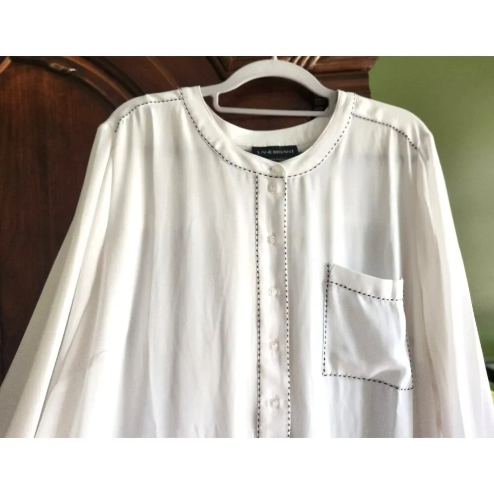 Lane Bryant Lng Slv Chiffon Blouse Pocket White w/ Black Whip Stitching Sz 18/20 - Picture 3 of 12